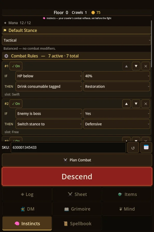 SKU Crawlers — programmable instinct combat rules, seven-rule drill