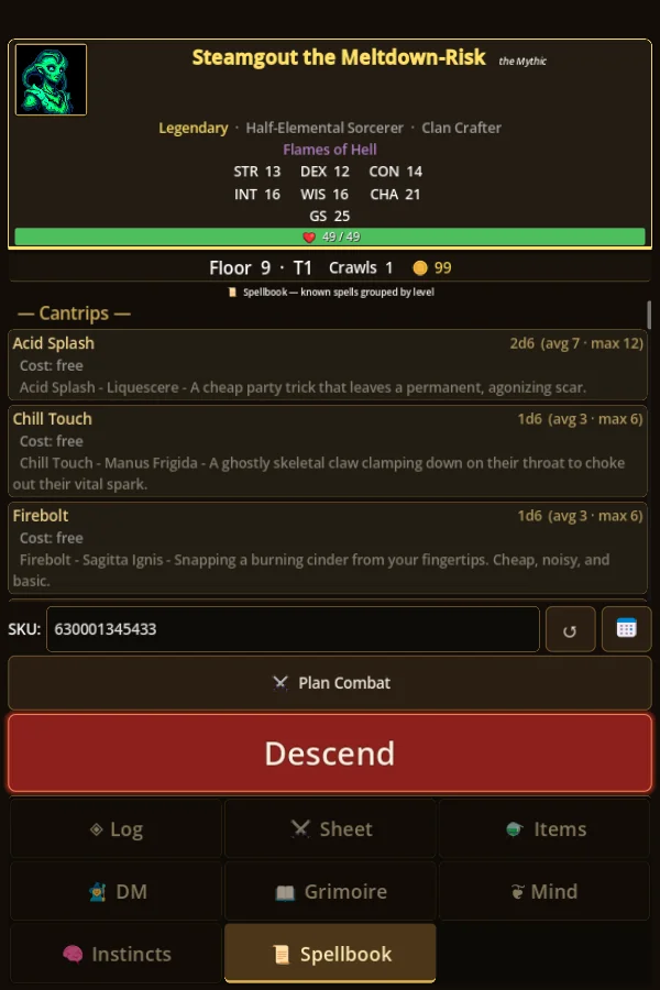 SKU Crawlers — spellbook with cantrips and dice