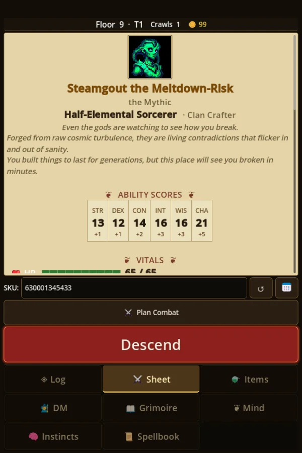 SKU Crawlers — character folio with portrait and ability scores