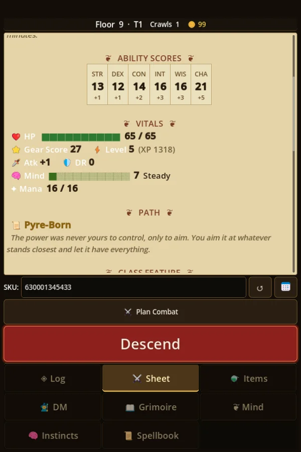 SKU Crawlers — ability scores, vitals and subclass path